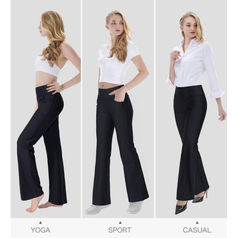 Zeronic Womens Wide Leg Flare Yoga Pants Large Black High Waisted Lounge Pockets